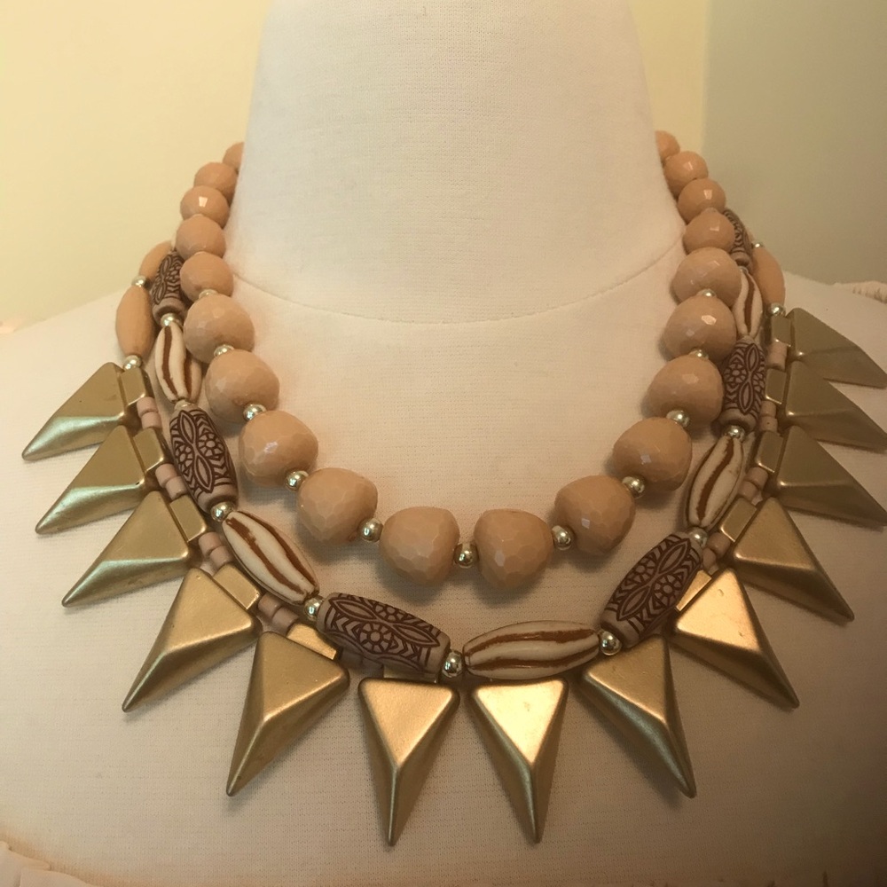 NWOT One of a Kind Tribal Style Multi-Beaded Necklace in Gold, Caramel, Browns